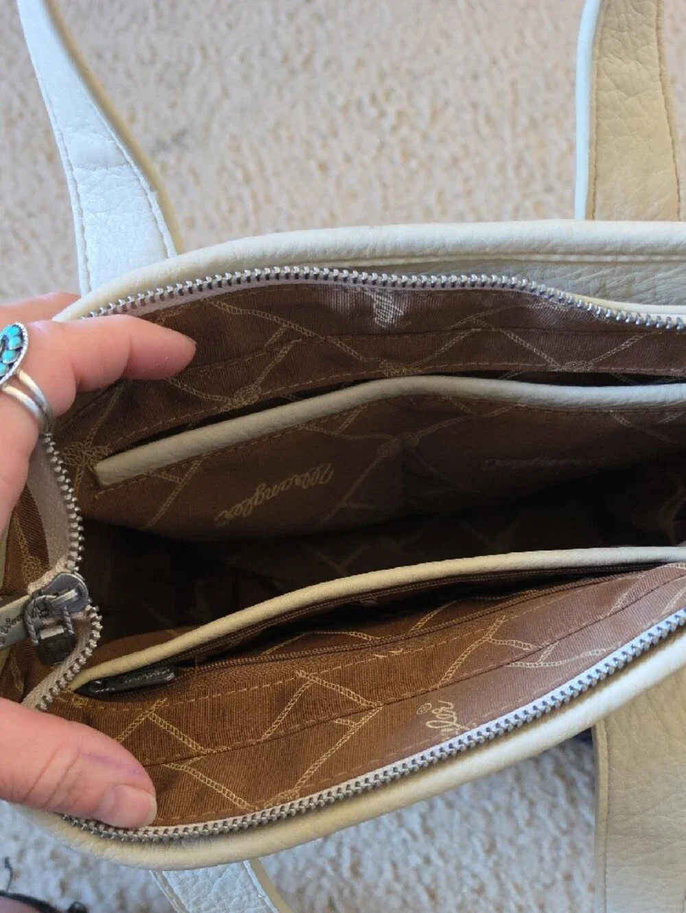 Wrangler Tan and White Haircalf Fringe Tote with Turquoise Concho Accents